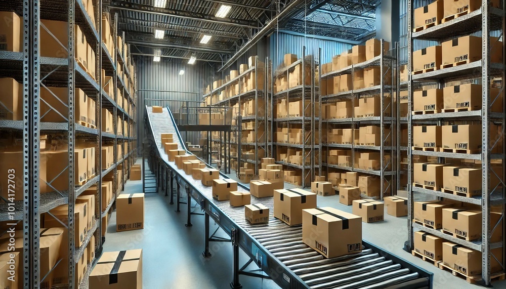 A modern warehouse with a conveyor belt transporting cardboard boxes, Generative AI A modern warehouse with a conveyor belt transporting cardboard boxes, Generative AI