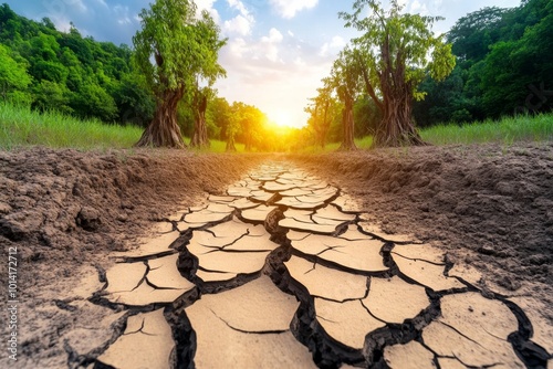 Realistic image of a dried-up riverbed, with cracked earth and wilted trees, symbolizing the droughts caused by global warming photo