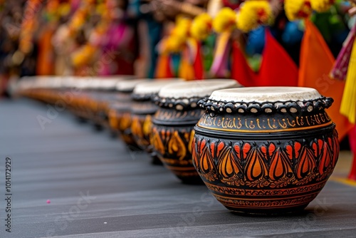 Realistic image of a procession during Durga Puja, with drums, flags, and colorful decorations lining the streets as people celebrate photo