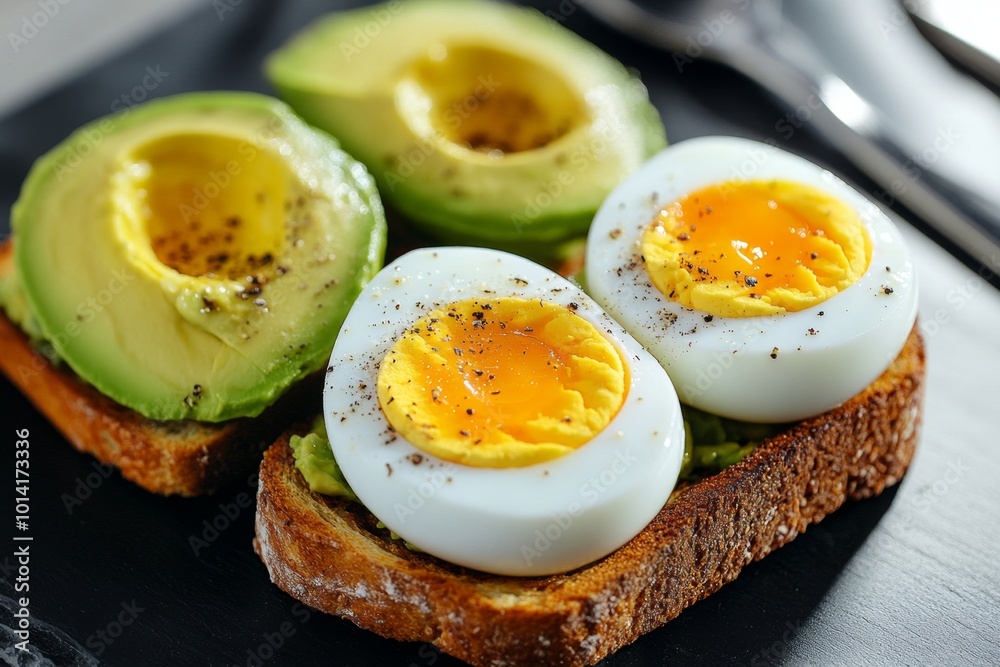 Realistic scene of a boiled egg with a side of avocado toast, representing a balanced and filling weight loss breakfast Realistic scene of a boiled egg with a side of avocado toast, representing a balanced and filling weight loss breakfast