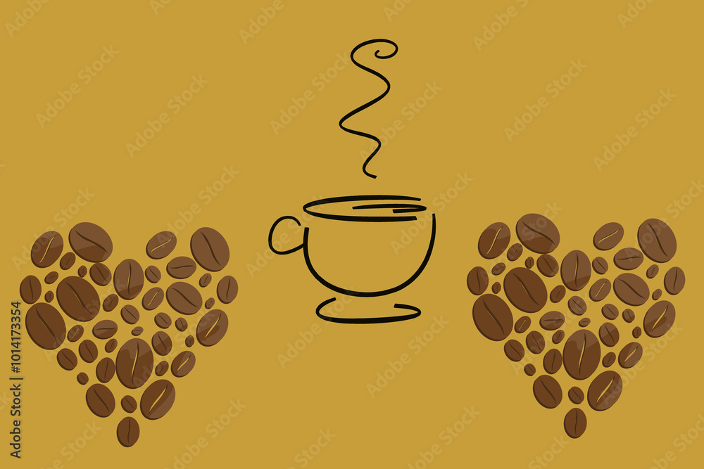Obraz premium illustration of a Coffee cup with an assortment of coffee beans in the shape of a heart.