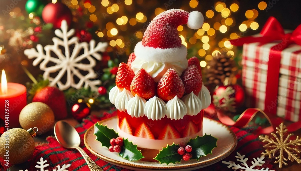 A festive strawberry dessert topped with a Christmas Santa hat, Generative AI A festive strawberry dessert topped with a Christmas Santa hat, Generative AI