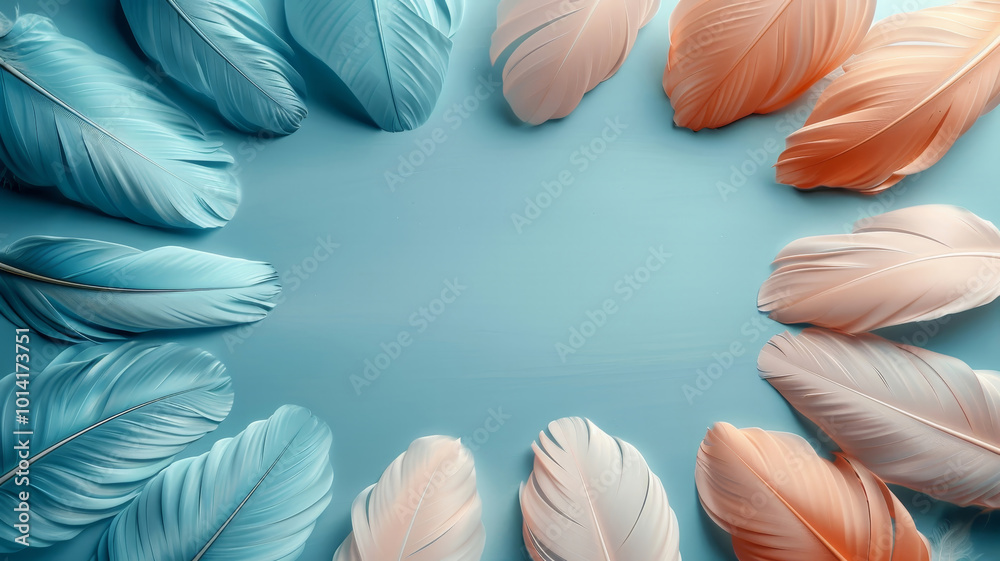 Fototapeta premium Delicate pastel feathers in shades of blue and peach create a stunning circular arrangement, elegantly contrasting against the tranquil blue background, inviting a sense of calm and creativity.