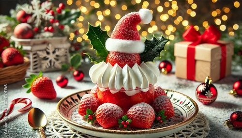 A festive strawberry dessert topped with Santa hat-shaped whipped cream, Generative AI