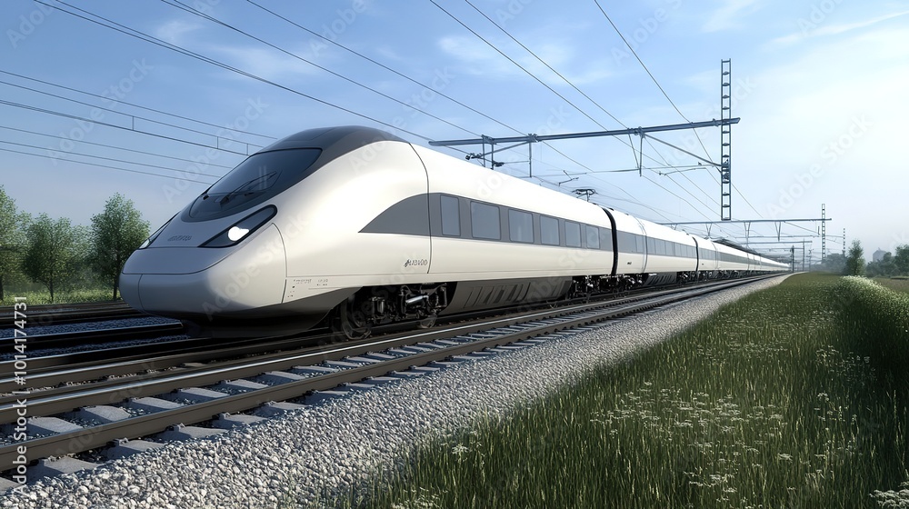 Fototapeta premium A Sleek and Modern High-Speed Train, Exemplifying Cutting-Edge Technology and Innovative Design. This Dynamic Image Highlights the Train's Streamlined Shape and Futuristic Features,