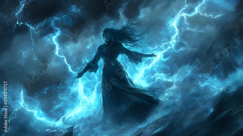 An ancient sorceress conjuring a magical storm with lightning crackling in the sky