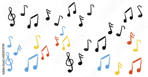 Chalk Textured Music Notes Set. Musical Note Sign Treble Clef. Kids pencil textured symbols. Freehand pastel childish hand drawn. School paintbrush doodle collection. Vector illustration isolated
