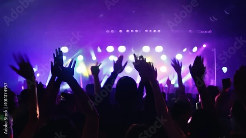 Crowd cheering and raising arms during live music event