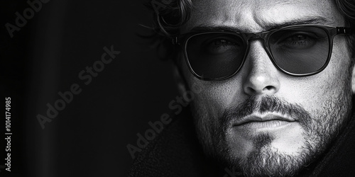 black and white portrait of a handsome man in sunglasses looking off to the side