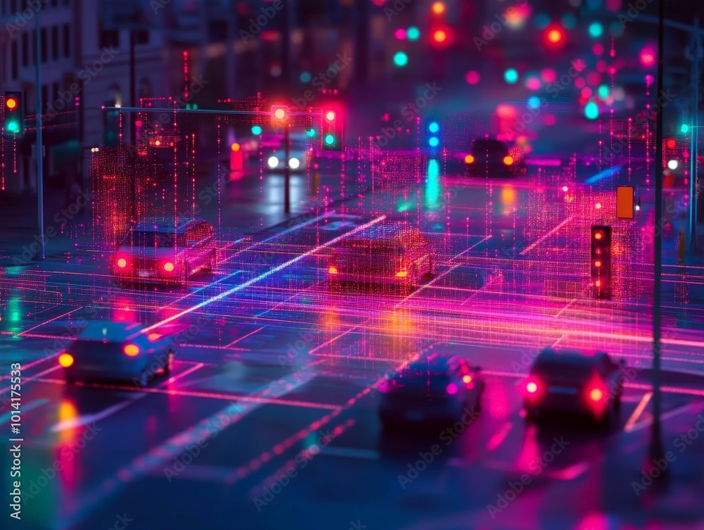 Obraz premium Cybersecurity in a smart city visualized by encrypted data flows between city sensors, traffic lights, and public services.