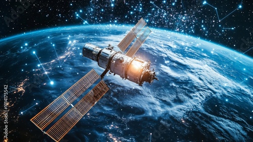 Cybersecurity in space, ensuring that satellites and spacecraft are secure from cyber threats, with encrypted data streams.