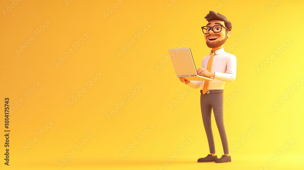 Happy cartoon businessman working on laptop, standing on a yellow background. Happy cartoon businessman working on laptop, standing on a yellow background.