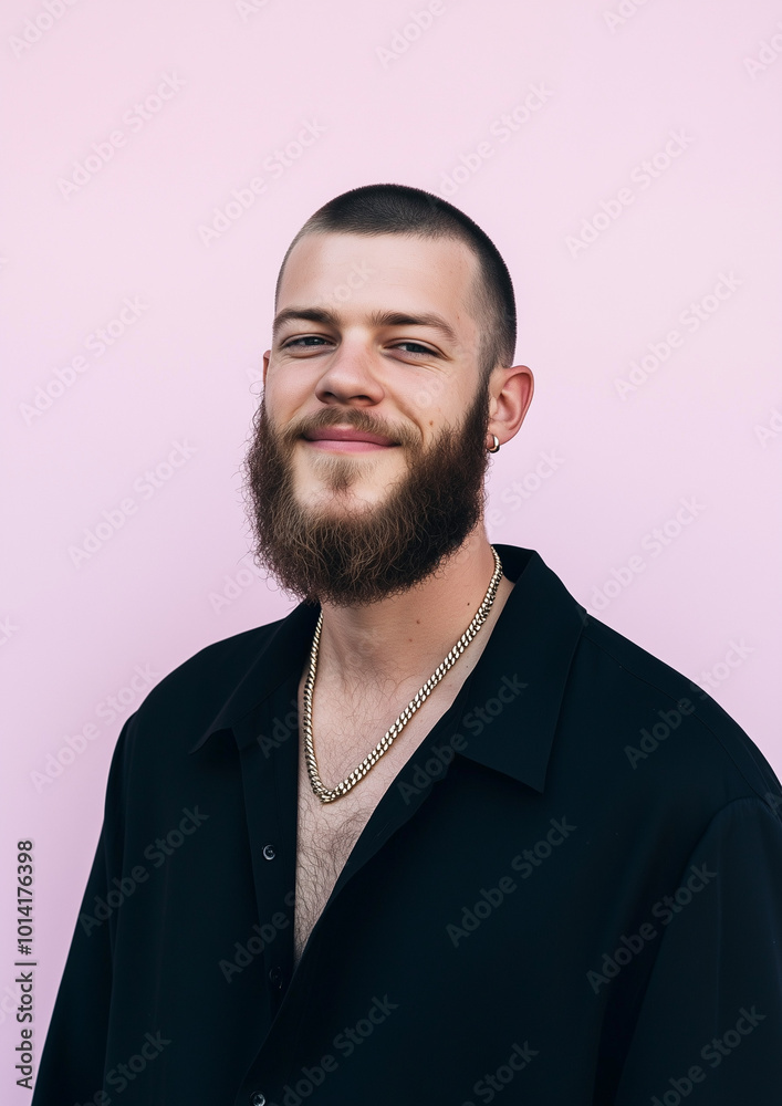 Obraz premium portrait of a handsome male model with a medium length beard, short hairstyle, black shirt unbottoned with gold chain, light pink background