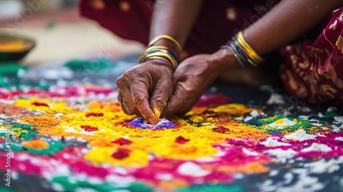 A Beautifully Crafted Rangoli Design, Showcasing Intricate Patterns and Vibrant Colors. This Traditional Indian Art Form is Created Using Colored Powders, Flowers, and Rice, 