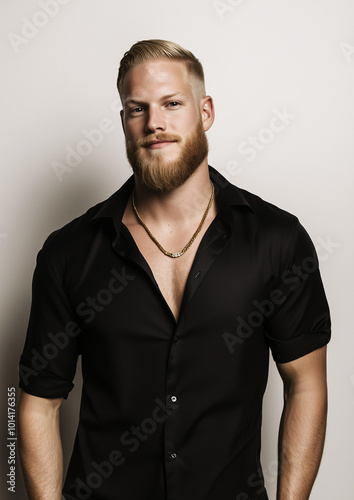 portrait of a handsome male model, blonde with a medium length beard, short hairstyle, black shirt unbottoned with gold chain, light gray background