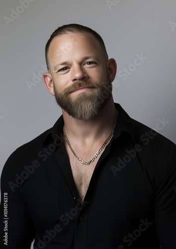 portrait of a handsome male model, early thirties, with a medium length beard, short hairstyle, black shirt unbottoned with gold chain, medium gray background