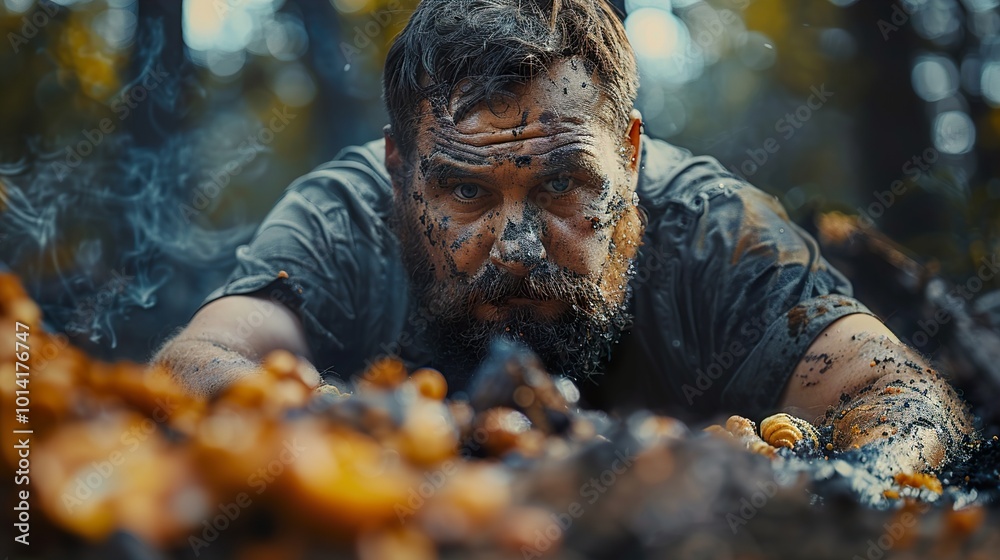 Muddy Man in the Forest: A Portrait of Grit and Determination Muddy Man in the Forest: A Portrait of Grit and Determination