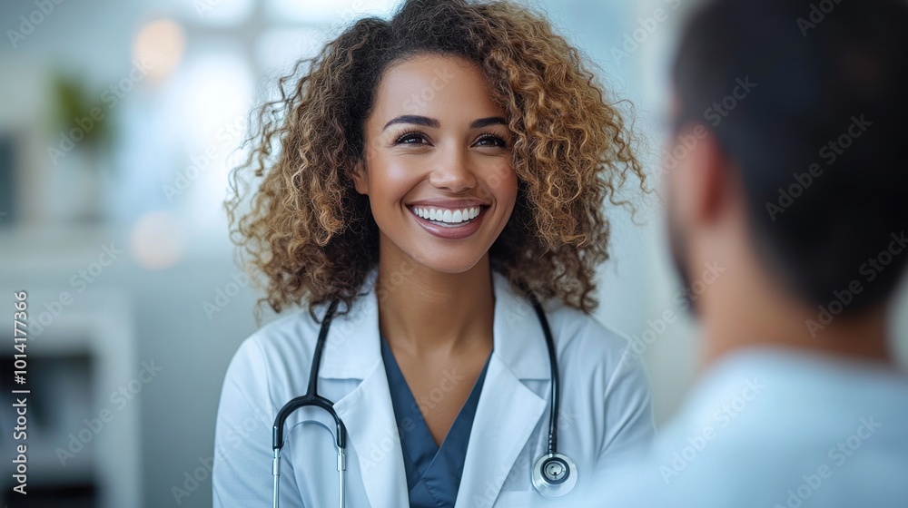 Smiling doctor engaging with a patient in a medical setting. Smiling doctor engaging with a patient in a medical setting.