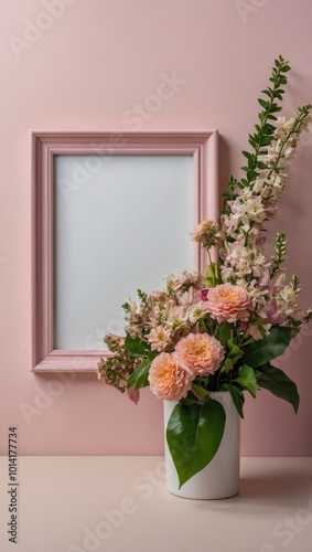 Floral arrangement in white vase on pink surface, gray background, blue-framed mirror.