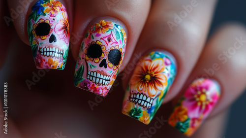 FloralInspired Sugar Skull Nail Art Design for Halloween and Dia de los Muertos photo