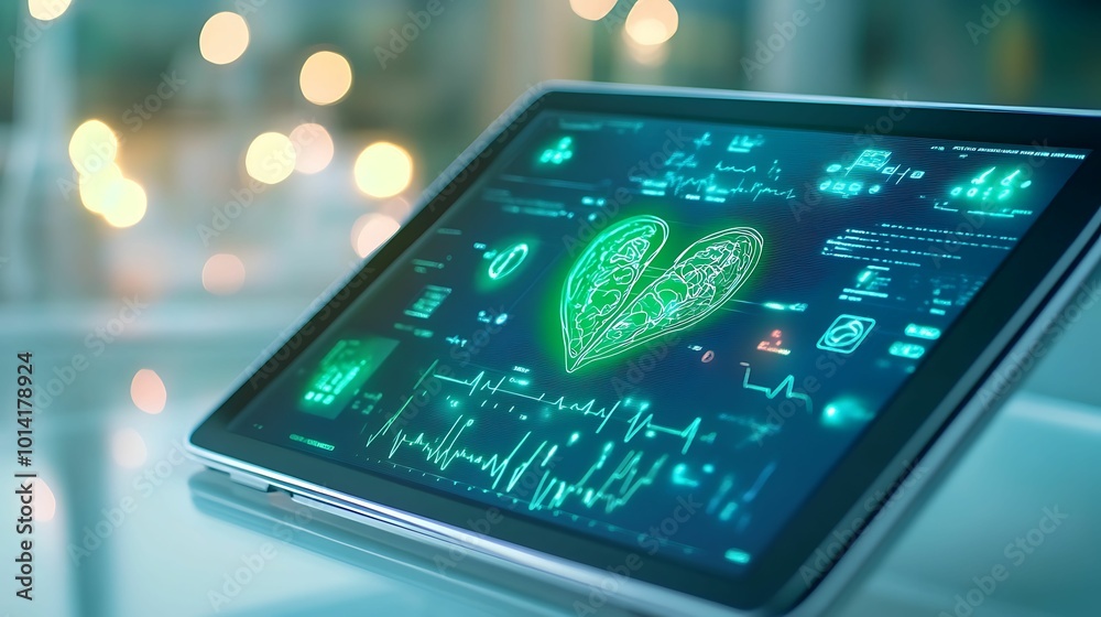 Close-up of a digital medical tablet displaying heart analysis data, emphasizing advanced diagnostic technology and healthcare innovation. Close-up of a digital medical tablet displaying heart analysis data, emphasizing advanced diagnostic technology and healthcare innovation.