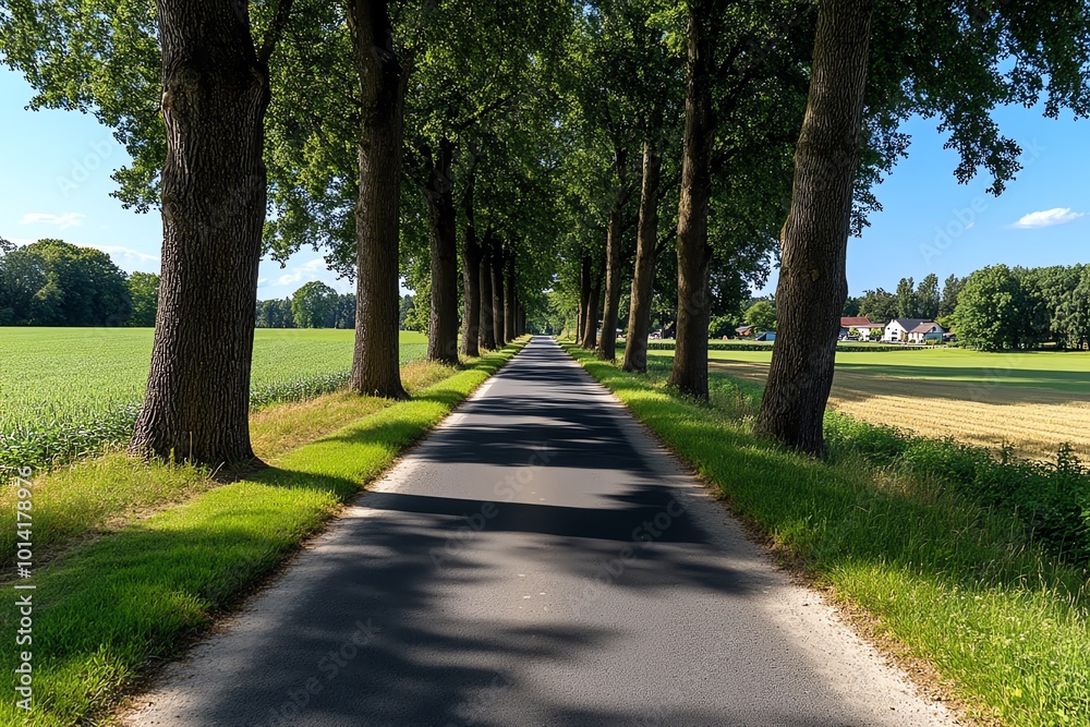 A narrow country lane lined with trees, leading through a rural landscape of fields and meadows, with a small village in the distance A narrow country lane lined with trees, leading through a rural landscape of fields and meadows, with a small village in the distance