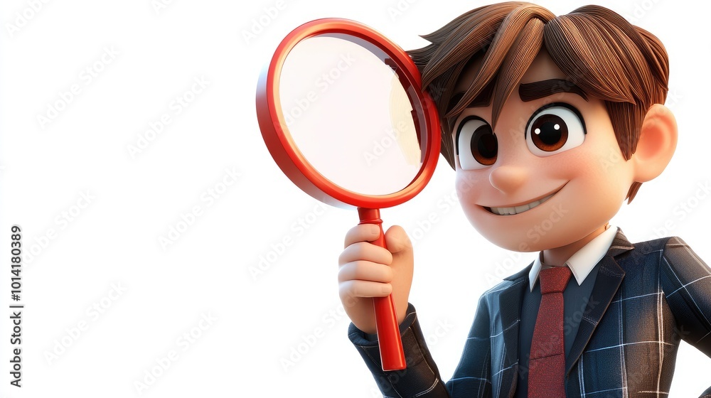 A cartoon boy in a suit looks through a magnifying glass with a smile on his face. A cartoon boy in a suit looks through a magnifying glass with a smile on his face.