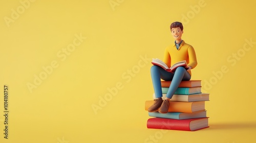 A 3D cartoon man sits on a stack of books while reading on a yellow background.