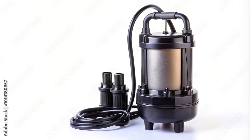 black metal, reflected, water, white isolated background, Submersible black metal sewage pump for pumping water placed on white isolated background reflected black metal, reflected, water, white isolated background, Submersible black metal sewage pump for pumping water placed on white isolated background reflected