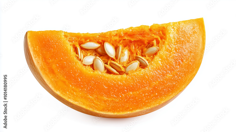 Juicy Pumpkin Slice with Seeds and Texture Isolated on White Perfect for Autumn Juicy Pumpkin Slice with Seeds and Texture Isolated on White Perfect for Autumn