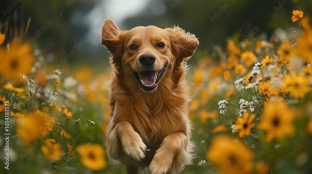 A golden retriever dog runs through a field of yellow flowers, ears flapping in the wind, with a happy expression on its face. A golden retriever dog runs through a field of yellow flowers, ears flapping in the wind, with a happy expression on its face.