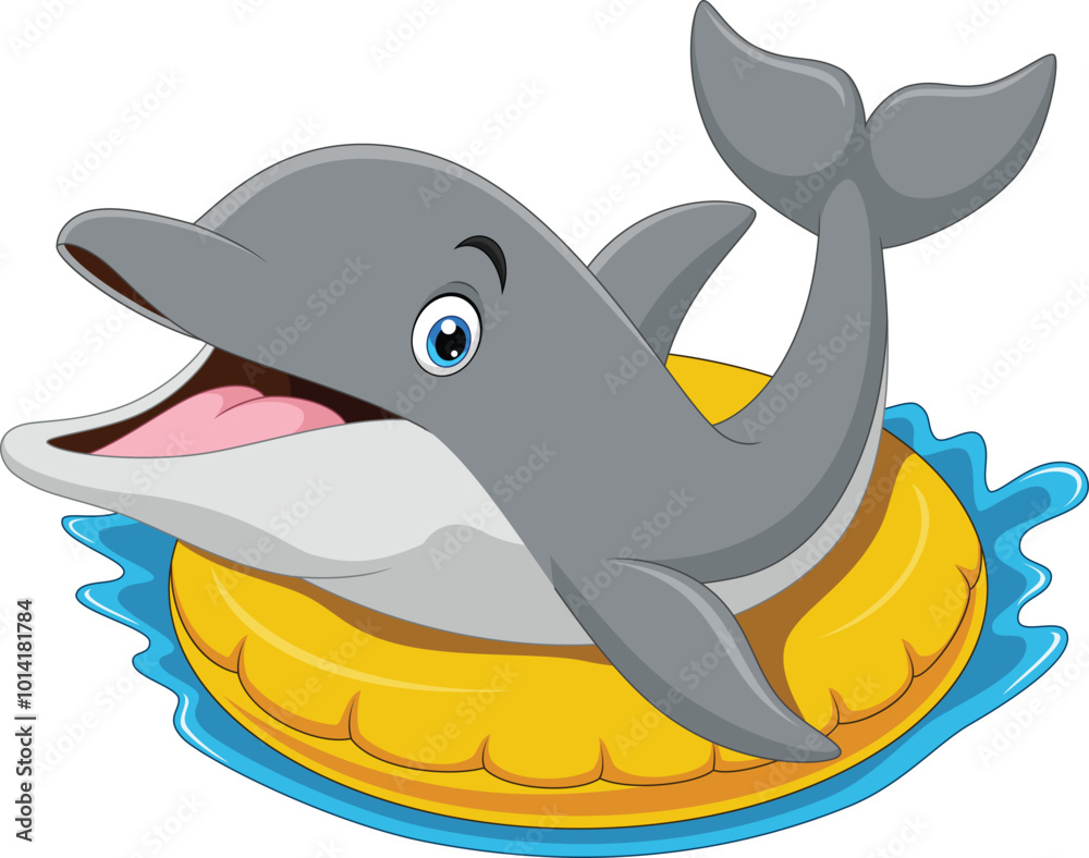 Naklejka premium Cartoon happy dolphin on inflatable ring