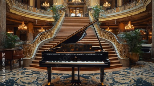 A grand piano sits at the bottom of a grand staircase in a luxurious building.