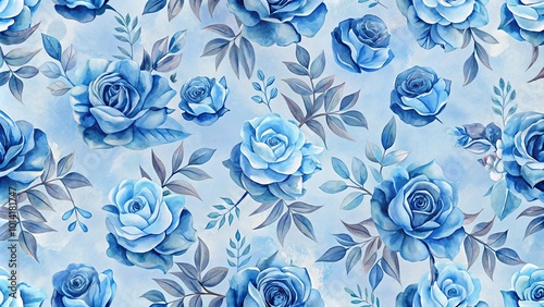 A Seamless Pattern of Delicate Blue Roses with Watercolor Effects and Lush Foliage on a Light Blue Background