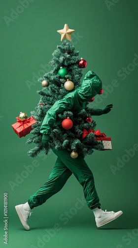 Whimsical holiday scene: person in green dinosaur costume playfully carries decorated Christmas tree, blending festive cheer with prehistoric fun. photo