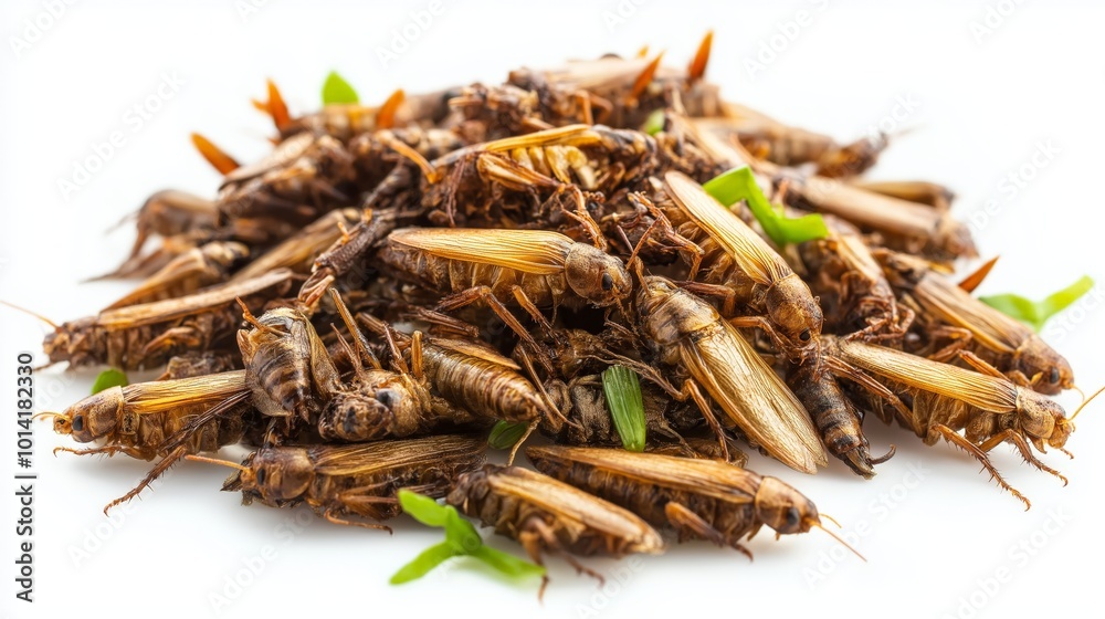 Obraz premium Crispy fried crickets golden texture insects surface culinary street food isolated. AI generated