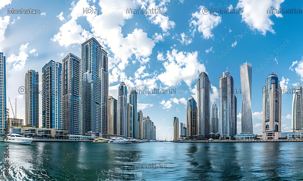 Fototapeta premium Panorama of Dubai Marina in a beautiful summer day, United Arab Emirates