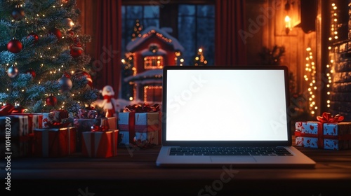 Cozy Christmas scene with laptop in foreground, illuminated tree and gifts behind, creating warm holiday atmosphere in dimly lit room at night. photo