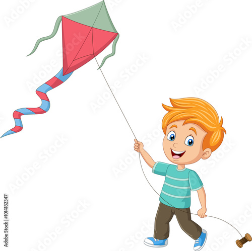 Cartoon little boy playing kite