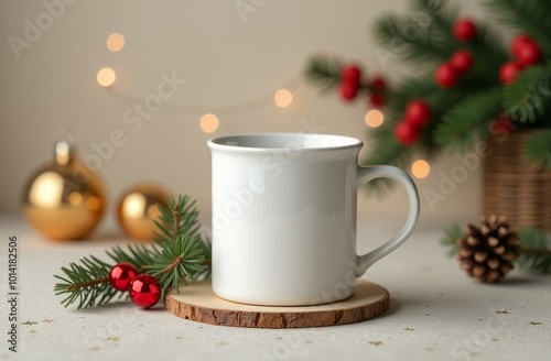 A cozy white mug with pine branches and ornaments, set against a festive backdrop with soft lights during the holiday season