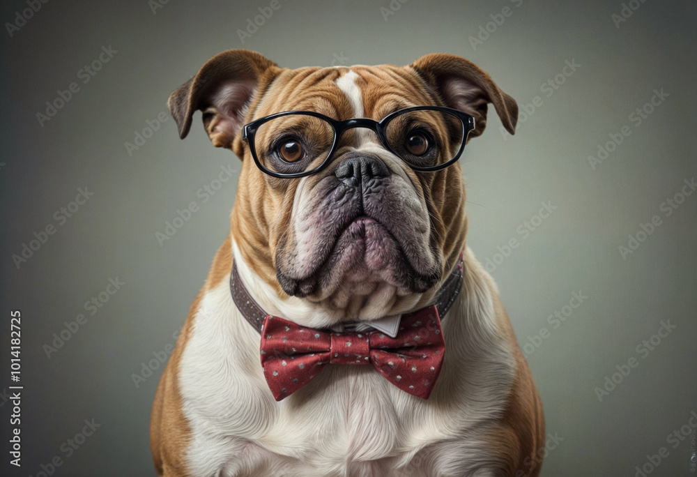 Portrait of a cute bulldog with a bow tie and glasses Portrait of a cute bulldog with a bow tie and glasses