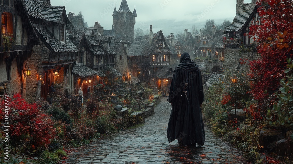 A cloaked figure walks through a mystical, autumnal village.