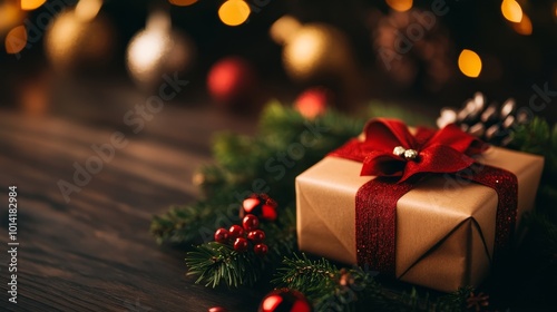 A beautifully wrapped gift box with a red ribbon sits on a wooden table surrounded by pine branches, red berries, and twinkling lights, symbolizing the joy and celebration of the holiday season.