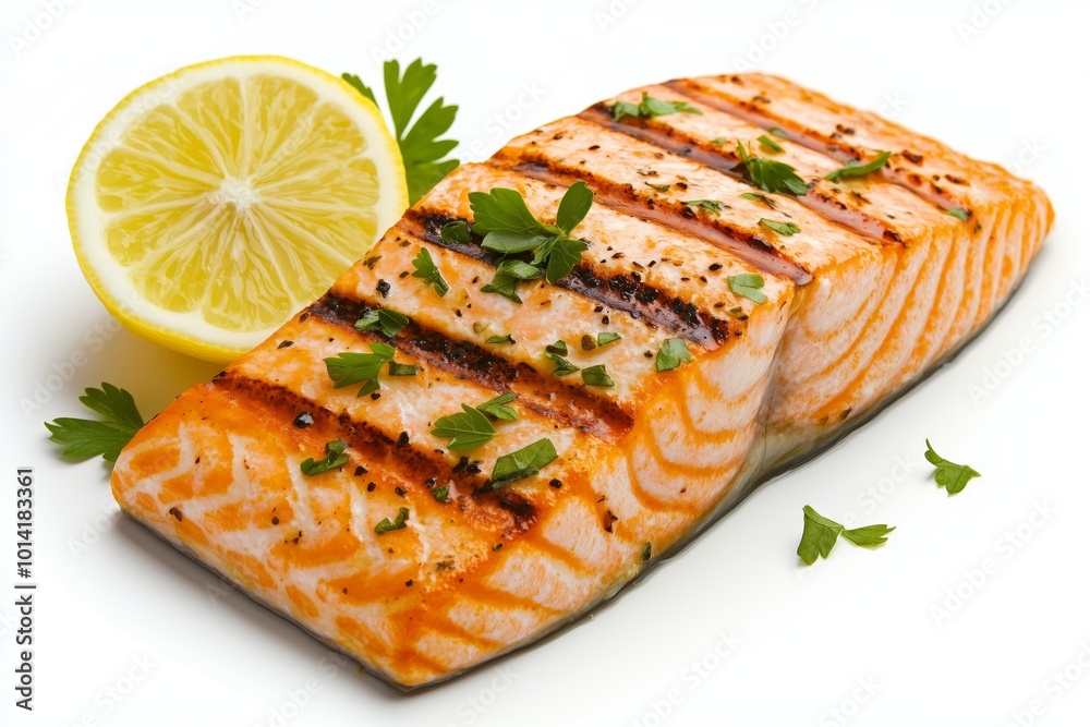 Grilled salmon fillet charred grill fresh herbs lemon presentation seafood. AI generated Grilled salmon fillet charred grill fresh herbs lemon presentation seafood. AI generated