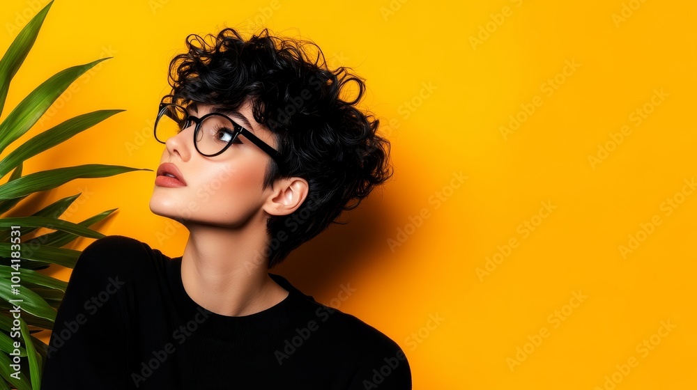 A confident non-binary person with short curly hair and glasses looks upwards with a curious expression against a bright yellow background. This image conveys individuality, self-expression, and a pos A confident non-binary person with short curly hair and glasses looks upwards with a curious expression against a bright yellow background. This image conveys individuality, self-expression, and a pos