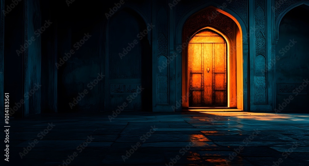 A glowing wooden door in a dark hallway with arched doorways and intricate patterns on the walls, with a light shining from inside. A glowing wooden door in a dark hallway with arched doorways and intricate patterns on the walls, with a light shining from inside.