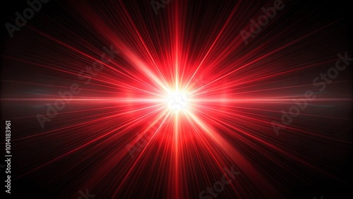 A radiant burst of crimson light erupts from a central point, casting a mesmerizing array of luminous rays against a deep black background.