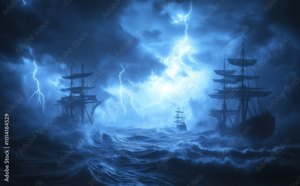 Dramatic Stormy Seas With Tall Ships and Lightning Dramatic Stormy Seas With Tall Ships and Lightning