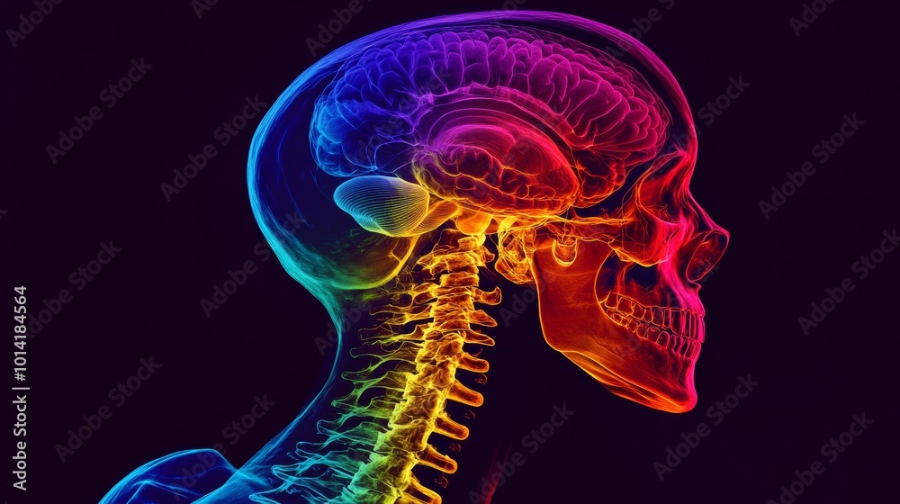 Colorful x-ray illustration of human skull and brain side view, medical and anatomical concept Colorful x-ray illustration of human skull and brain side view, medical and anatomical concept