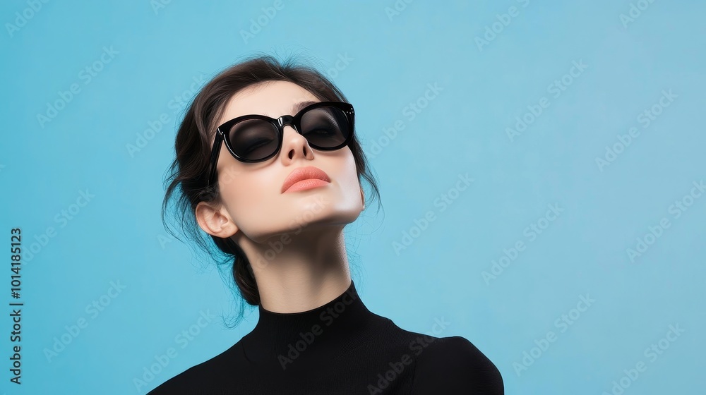 A stylish young woman wearing sunglasses, with a relaxed and confident pose, radiating elegance and beauty. She is dressed in a black turtleneck sweater and a blue backdrop.